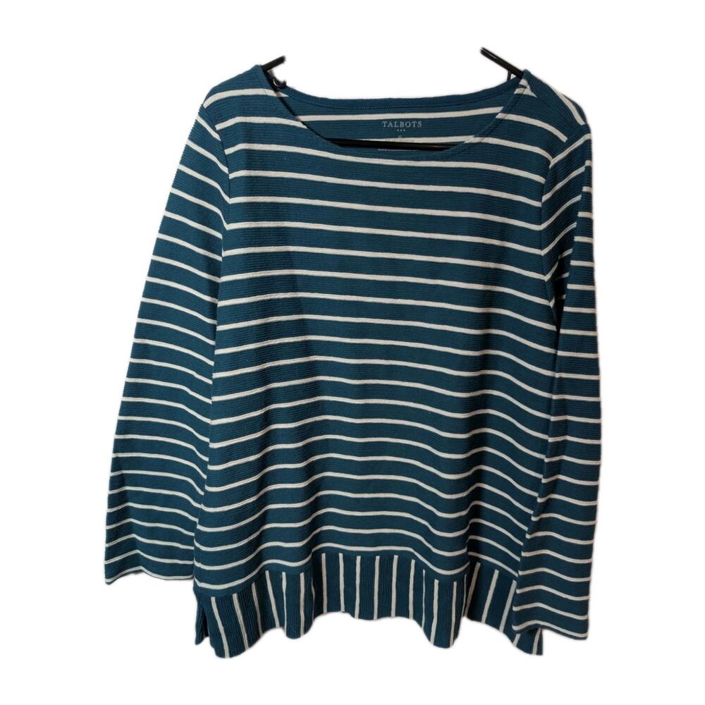 Talbots Sweater Womens Size XL 18 Teal Blue Striped Ribbed Long Sleeve Knit Top
